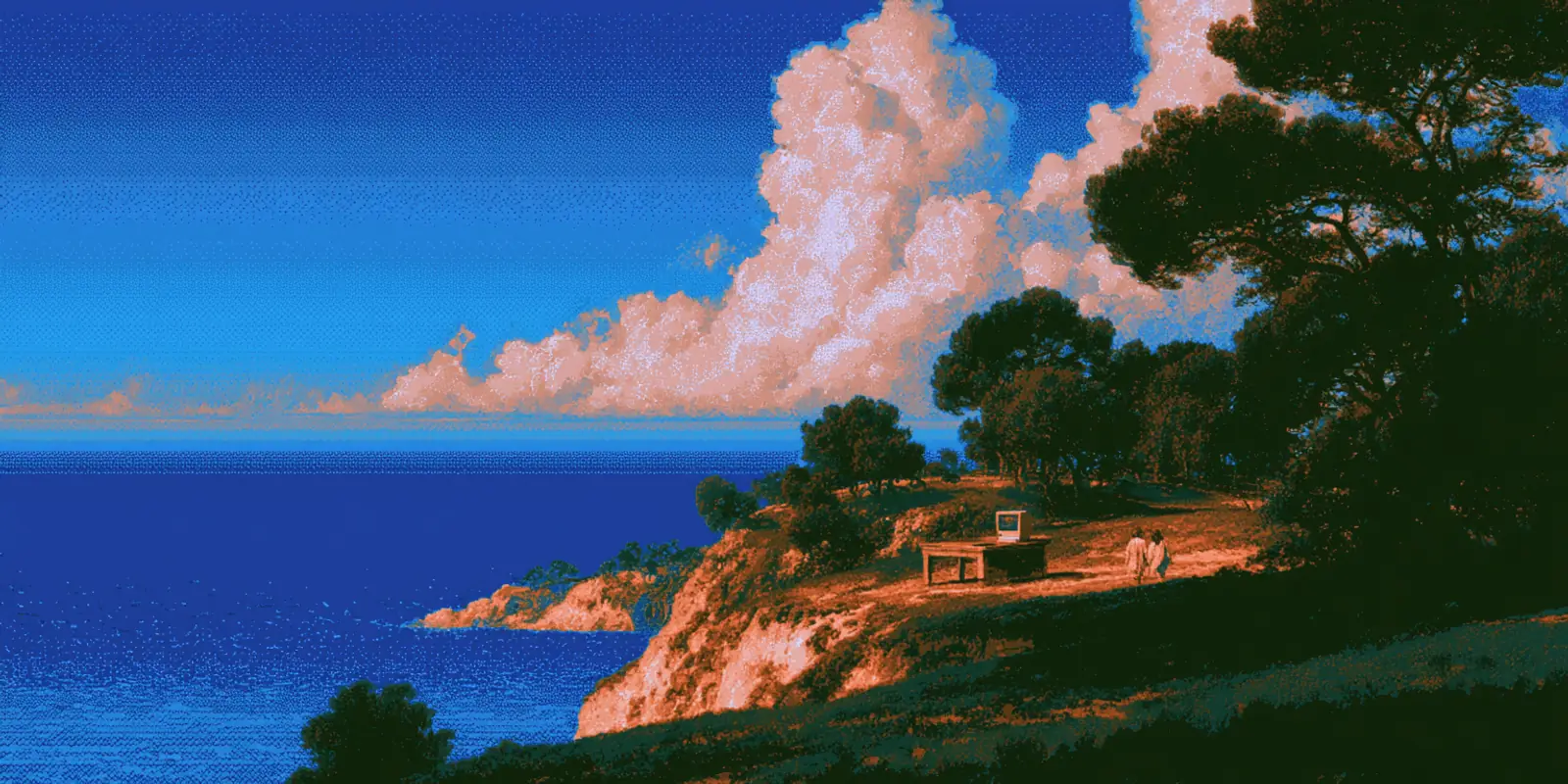 A stippled illustration of a clifftop at sunset, two people walking towards a desk with an old computer, the sea and tall clouds behind them.